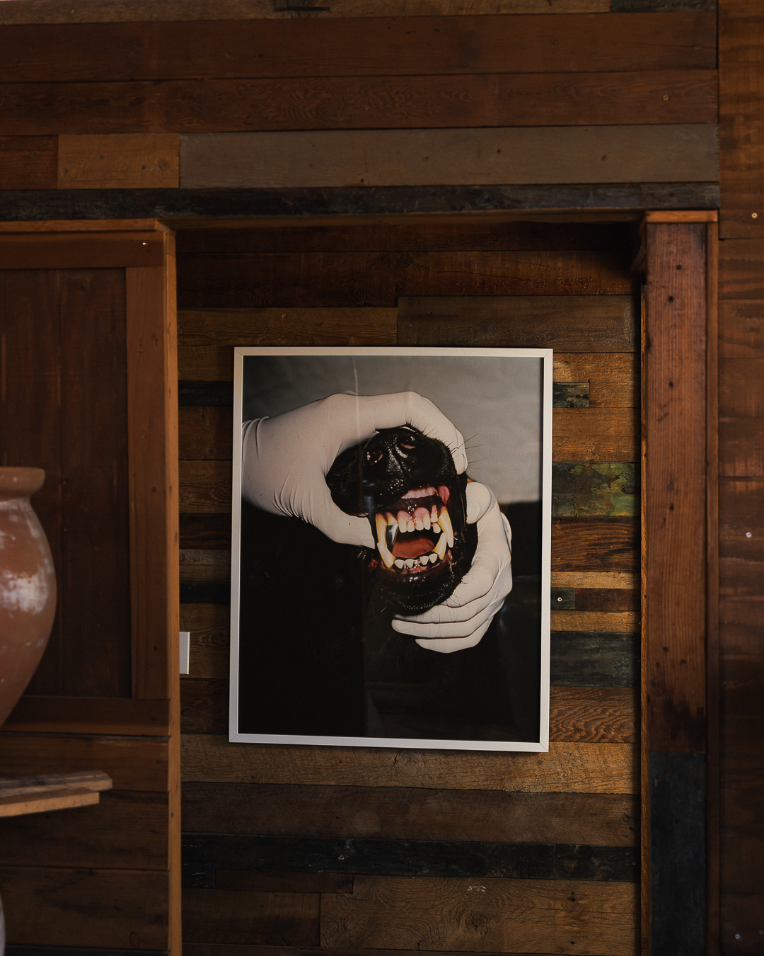 Framed artwork on the reclaimed-wood wall inside Casa Del Lobo